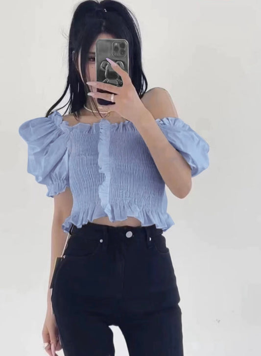Tops franzidos com babados(Azul)