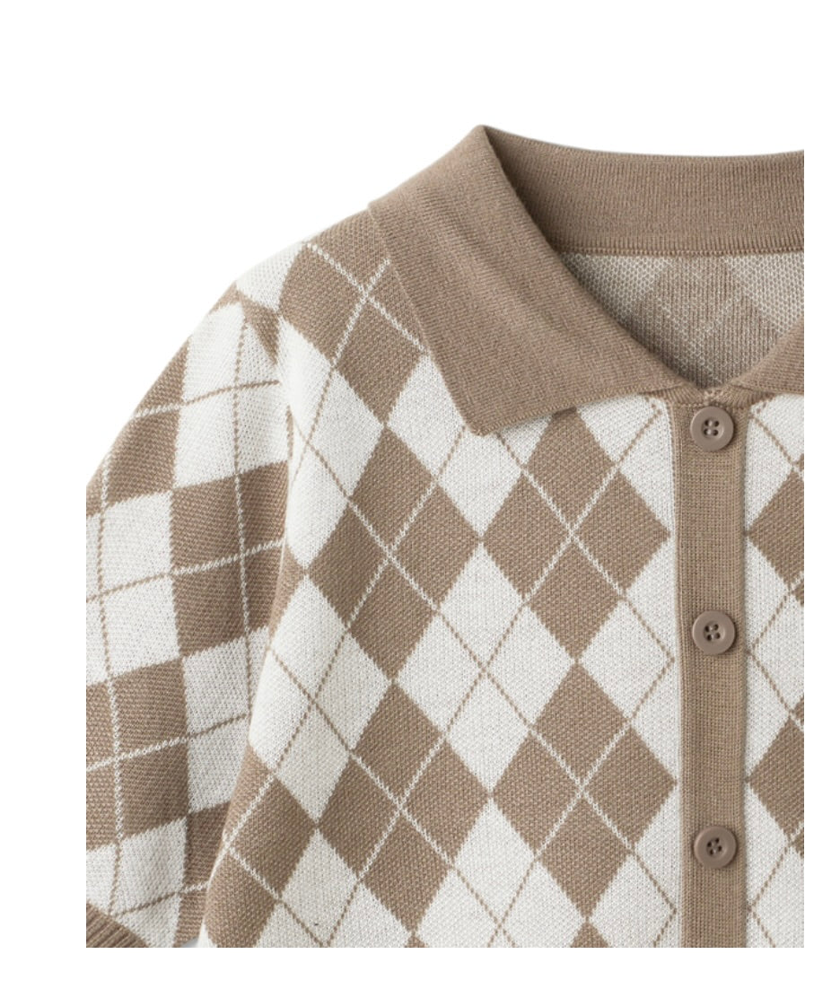 Cardigan curto com estampa xadrez(Bege)