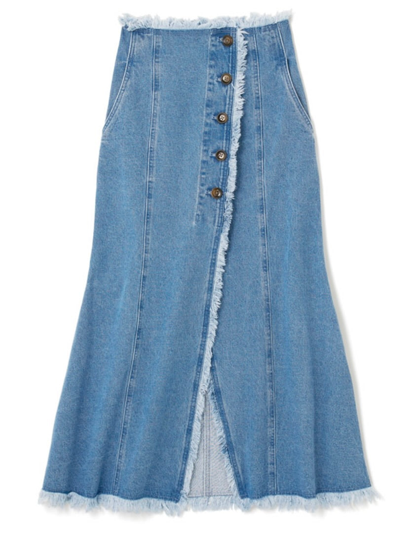 Saia de jeans  longa com franjas delicadas(Azul claro)