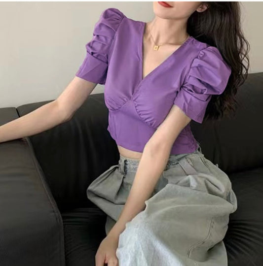 Tops curtos franzidos nas costas com decote em V(Roxo)