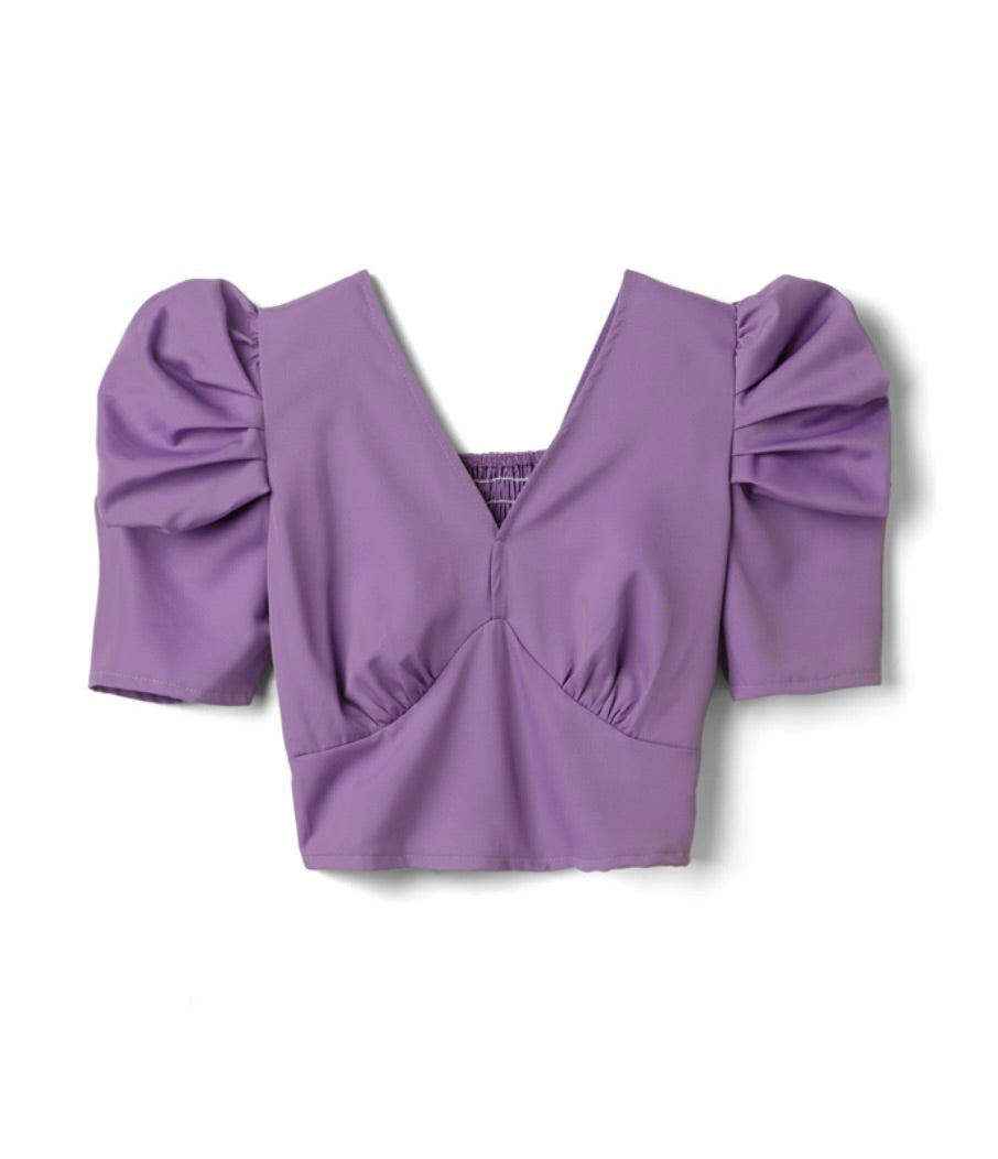 Tops curtos franzidos nas costas com decote em V(Roxo)