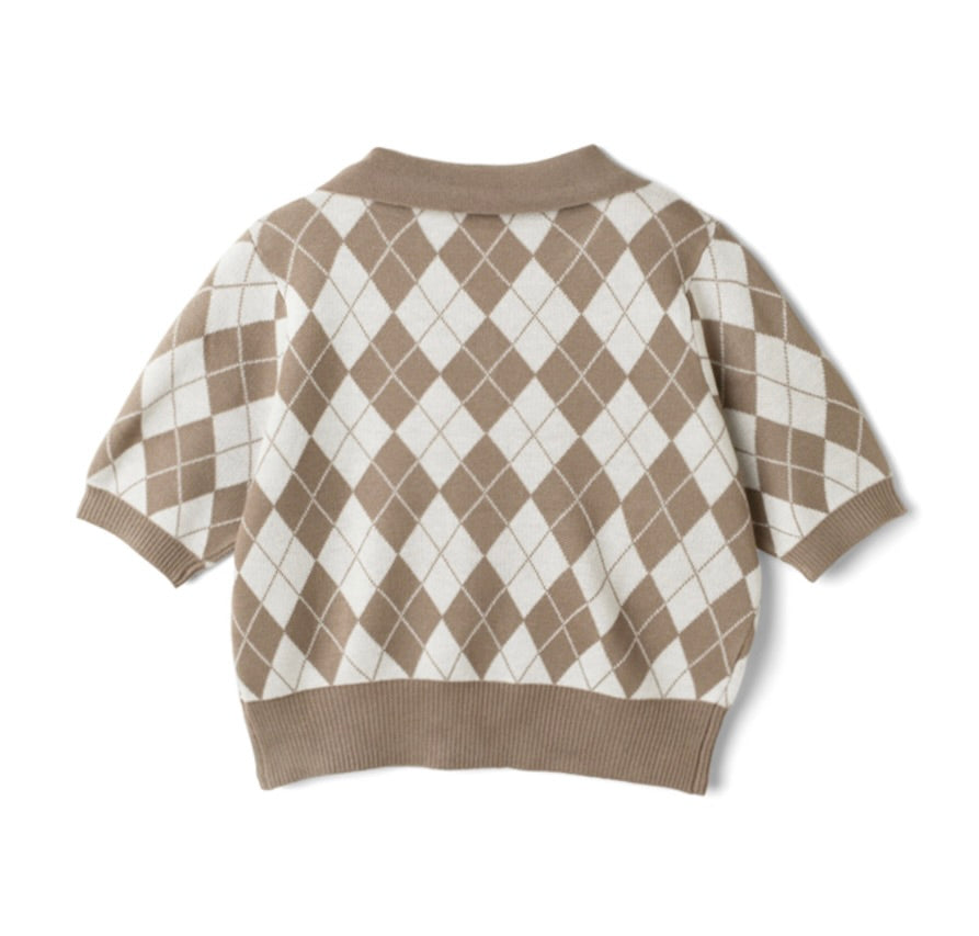 Cardigan curto com estampa xadrez(Bege)
