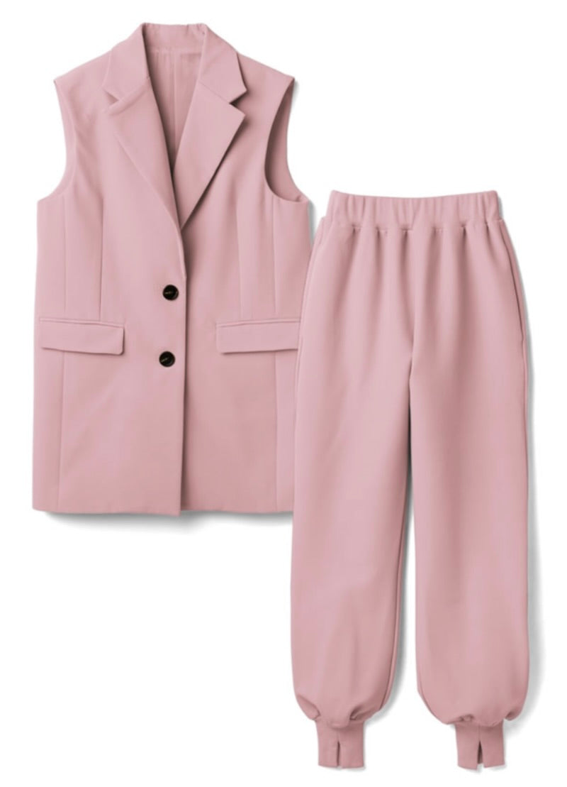 Conjunto de calça e jaqueta sem manga(Rosa)