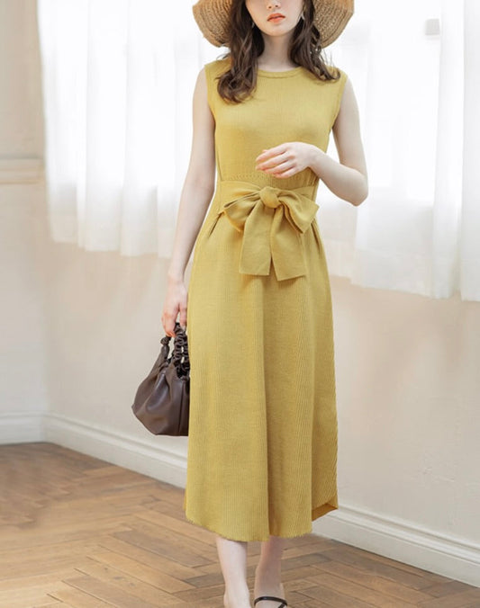 Vestido de tricô com laço na frente(Amarelo)