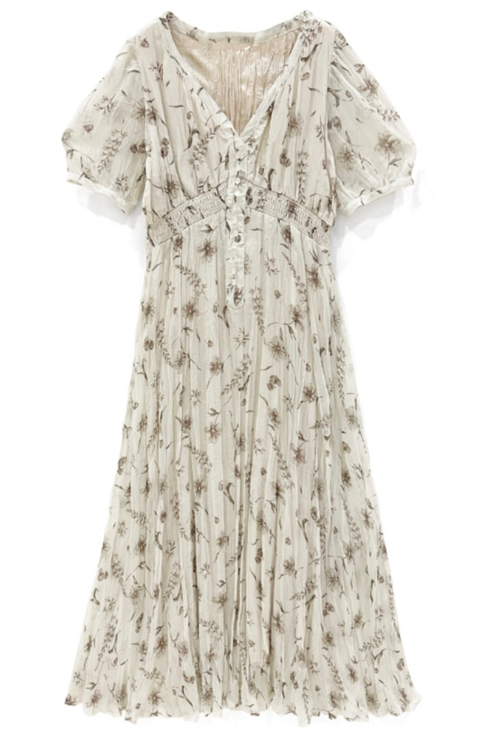 Vestido plissado florido(Branco)