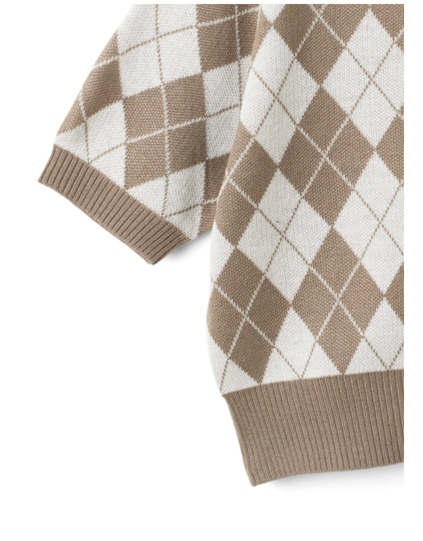 Cardigan curto com estampa xadrez(Bege)