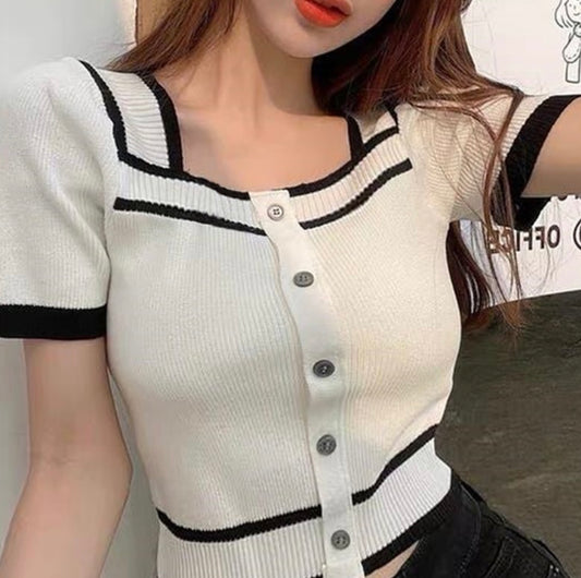 Cardigan decote quadrado bicolor(Branco)