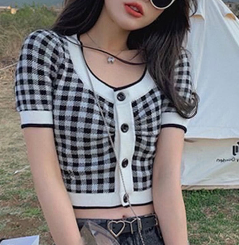 Cardigan de tricô estampa xadrez Gingham(Preto)