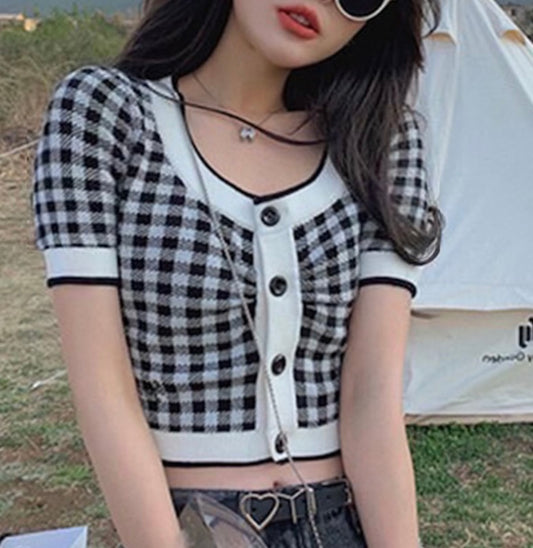 Cardigan de tricô estampa xadrez Gingham(Preto)