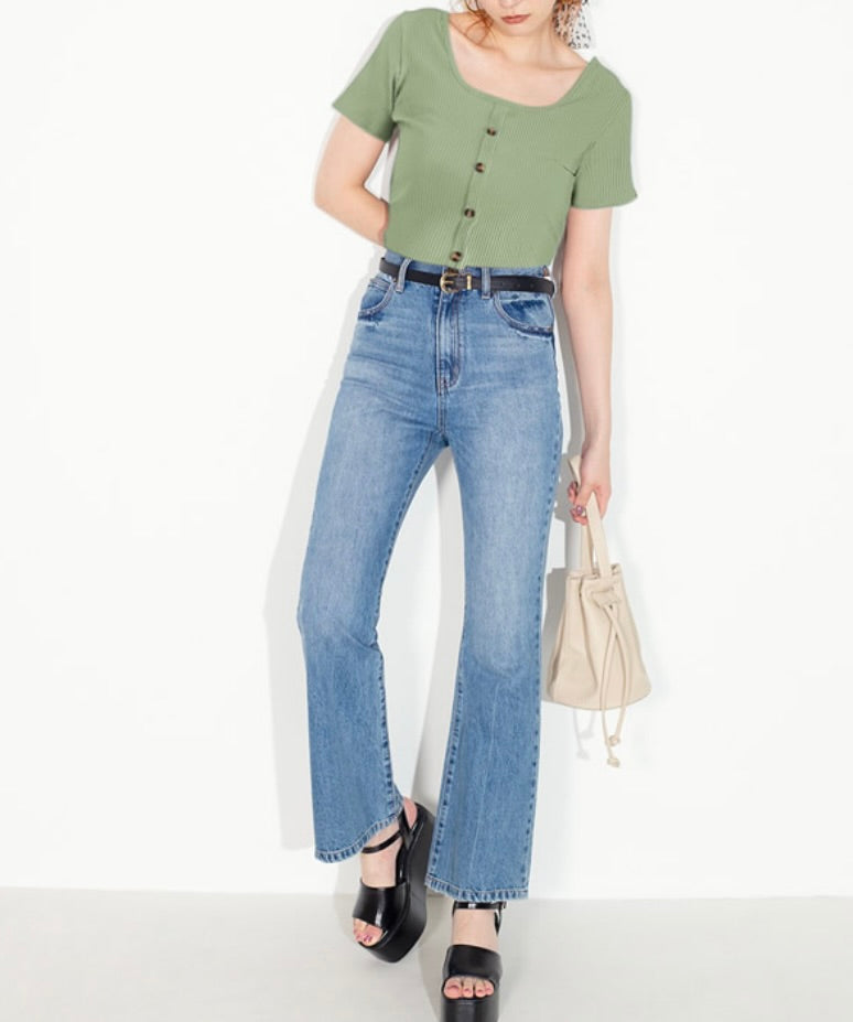 Camisa de malha com botão(Verde)