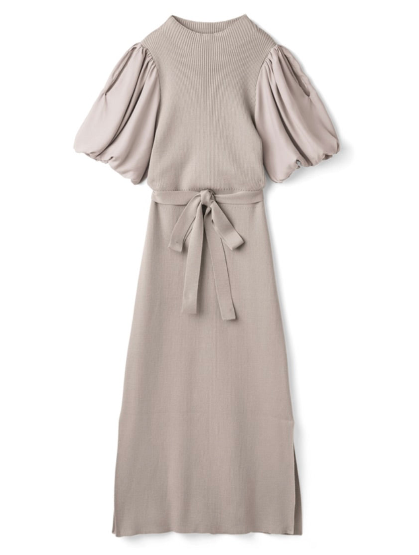 Vestido de tricô com cinto(Bege)