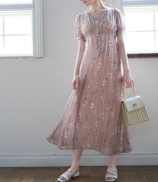 Vestido plissado florido(Rosa Bege)