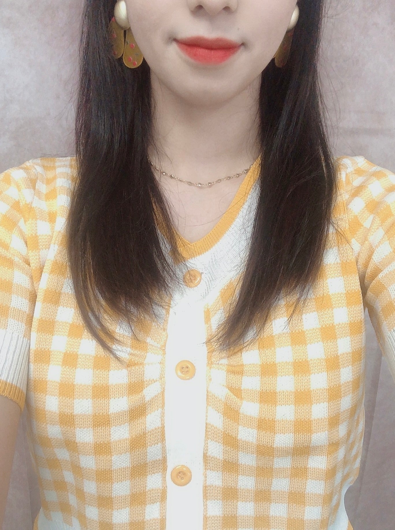 Cardigan de tricô estampa xadrez Gingham(Amarelo)