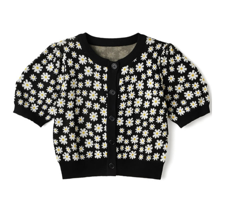 Cardigan com estampa flor margarida(Preto)
