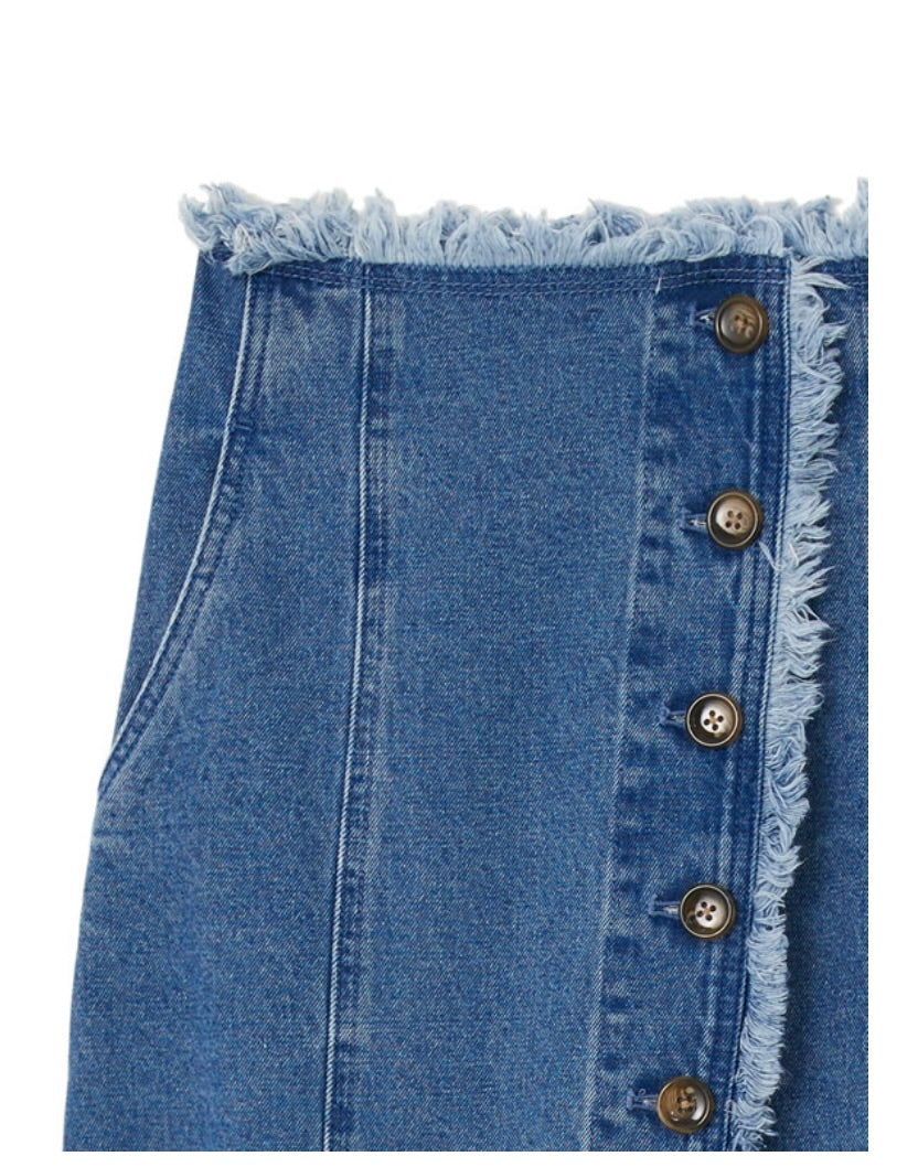 Saia de jeans  longa com franjas delicadas(Azul)